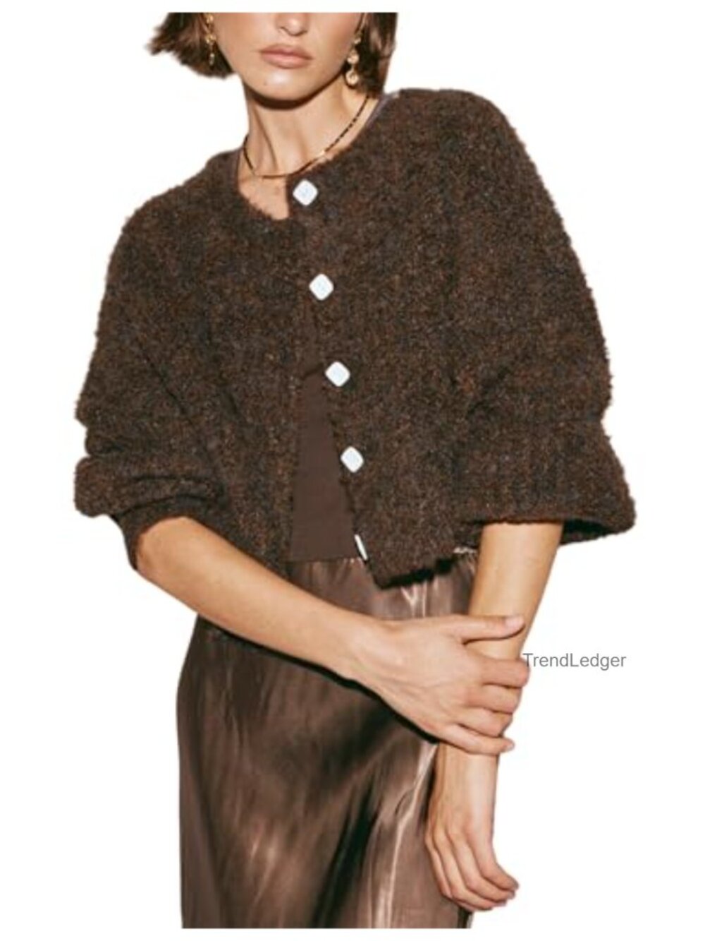 Fluffy Knit Cropped Cardigan Button Down Scoop Neck Sweater